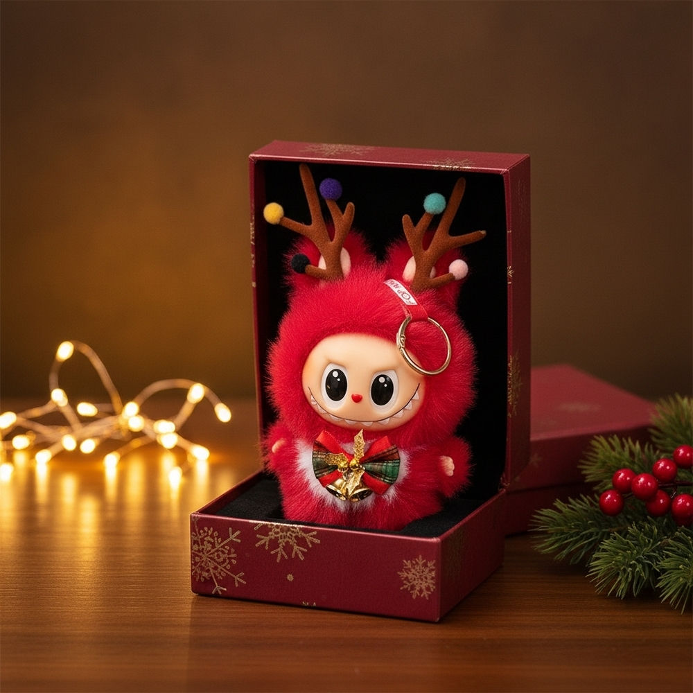 Red Furry Keychain Labubu with Bow